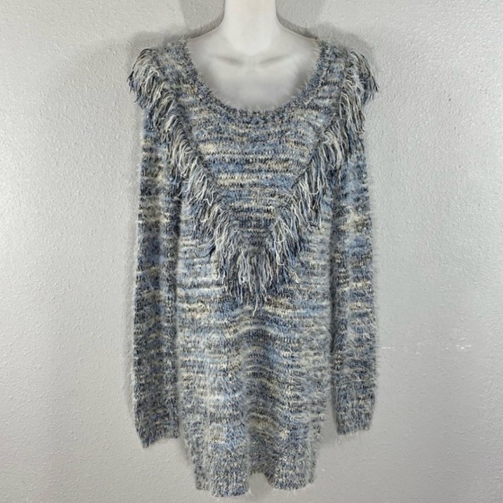 Gianni Bini Fringe Knit Sweater Dress Fuzzy Long Sleeve Large